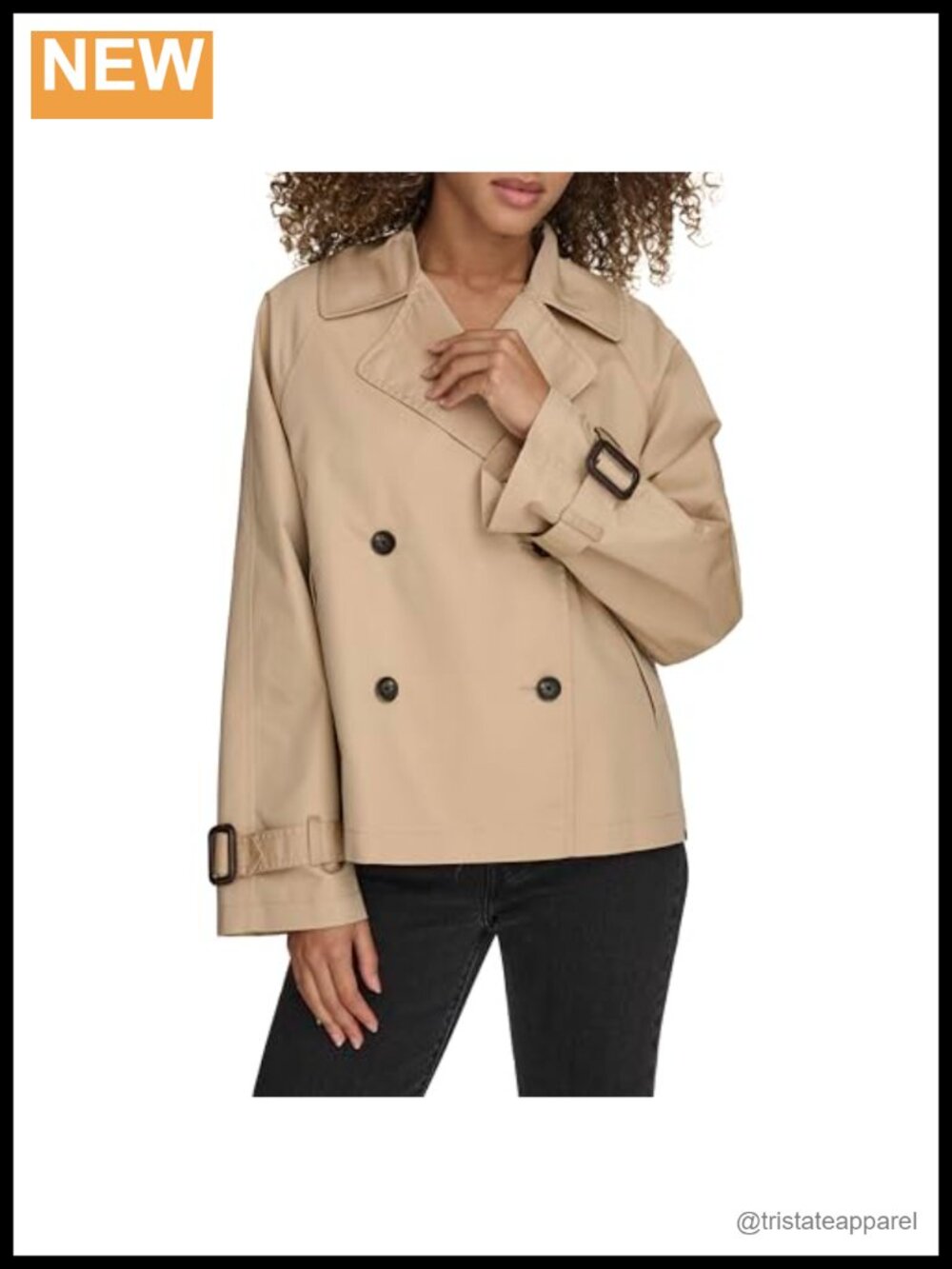 Short Double Breasted Trench Coat Button Front Adjustable Cuffs Lightweight